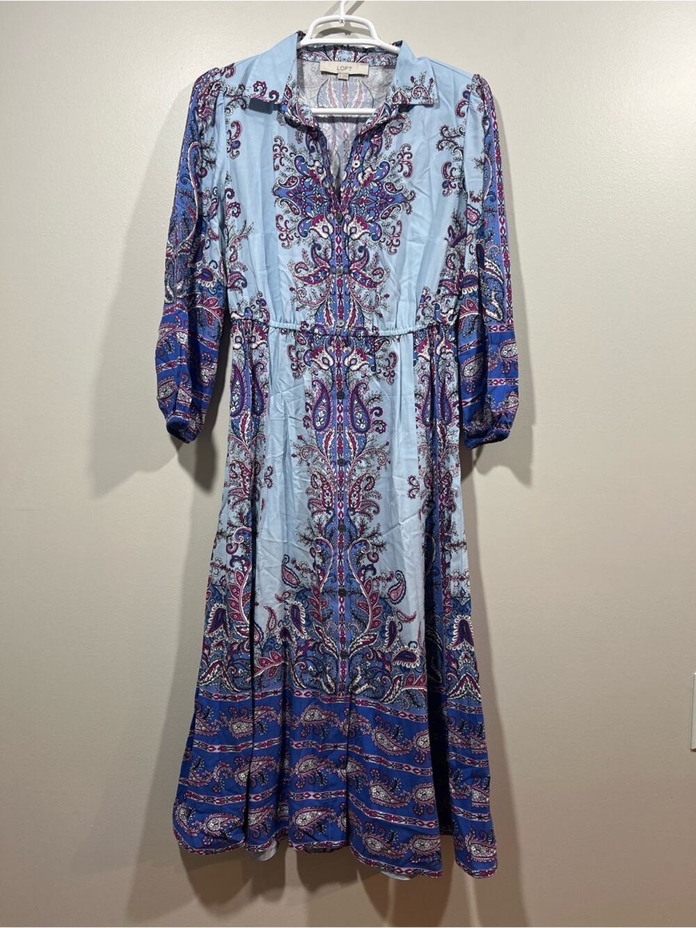 LOFT Light Blue & Blue Paisley Button Front  Midi Dress Size XS